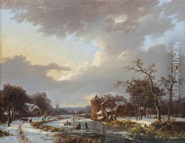 A Dutch Winter Scene With Figures On A Frozen Waterway Oil Painting - Marinus Adrianus Koekkoek