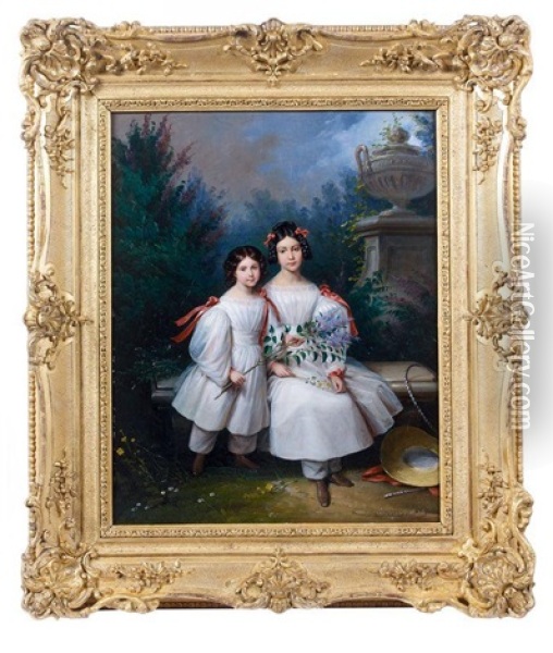 Portrait De Deux Soeurs Dans Un Jardin Oil Painting - Edouard Henri Theophile Pingret