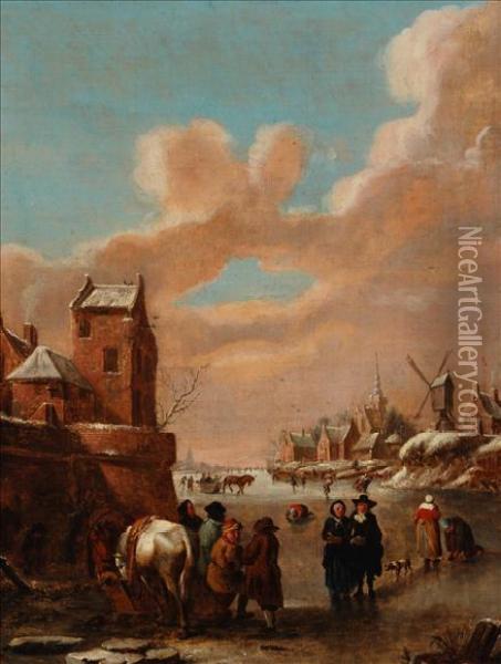Figures And Animalson A Frozen River In A Dutch Winter Landscape Oil Painting - Thomas Heeremans