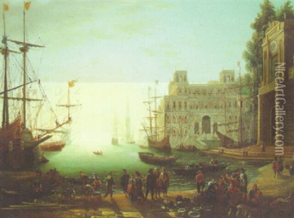 A Harbour At Sunset With Merchants And Stevedores On A Quayside Oil Painting - Claude Lorrain