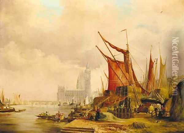 On the Embankment looking west to the Houses of Parliament Oil Painting - Alfred Pollentine