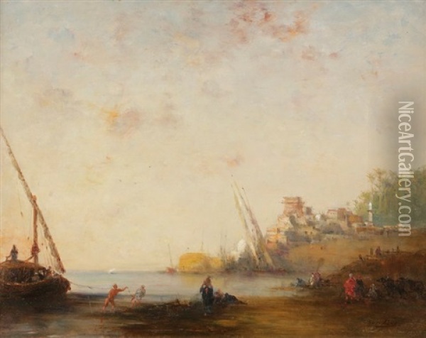 Felouque Sur Les Bords Du Nil Oil Painting - Narcisse Berchere