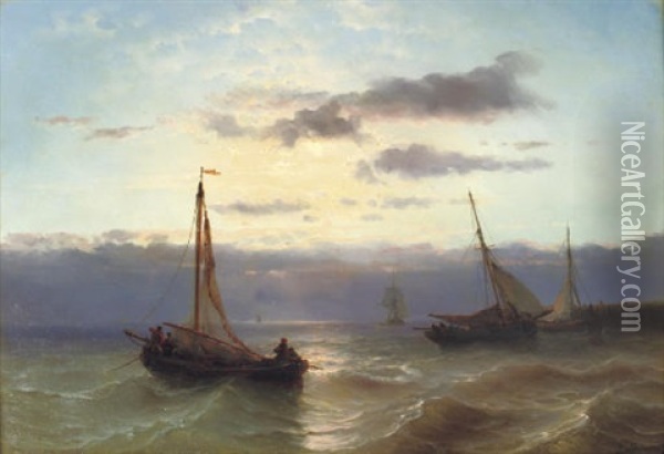 A Colourful Sunset Along A Coast Oil Painting - Johan Hendrik Meyer
