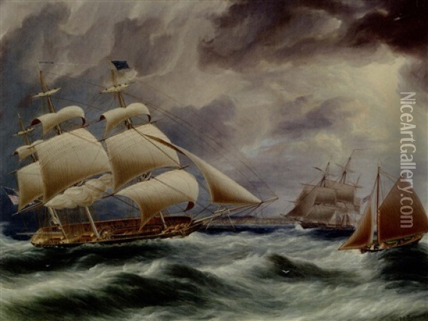 A Three-masted U.s. Merchantman Shortening Sail Off The American Coast Oil Painting - James Edward Buttersworth