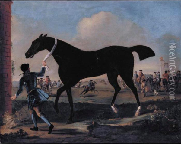 The Duke Of Rutland's Bonny Black Held By A Groom At Newmarket Oil Painting - John Wootton