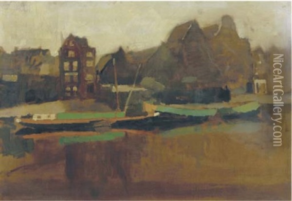 Prinseneiland, Amsterdam: Barges At The Teertuinen Oil Painting - George Hendrik Breitner
