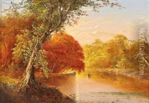 Autumn Lake Scene With Figure In A Row Boat Oil Painting - Jasper Francis Cropsey