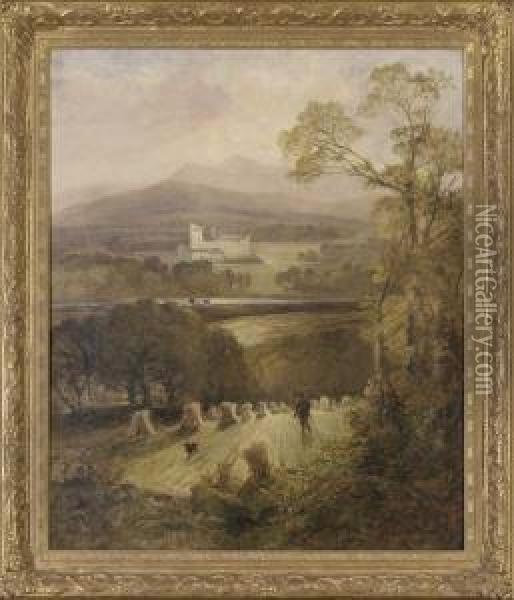 A Gamekeeper And His Dog With Balmoral Castle Beyond Oil Painting - Joseph Denovan Adam