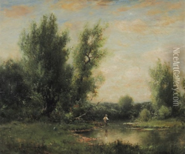 Fischer An Einem Baumbestandenen Bachlauf Oil Painting - Arthur Parton