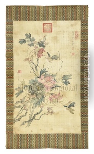 Cixi: Ink And Color On Silk Painting 'flowers Oil Painting -  Empress Dowager Cixi