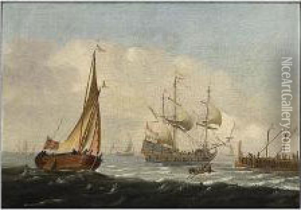 A Merchantman, A Wijdschip, And A Rowing Boat In A Breeze Near A Quay Oil Painting - Aernout Smit