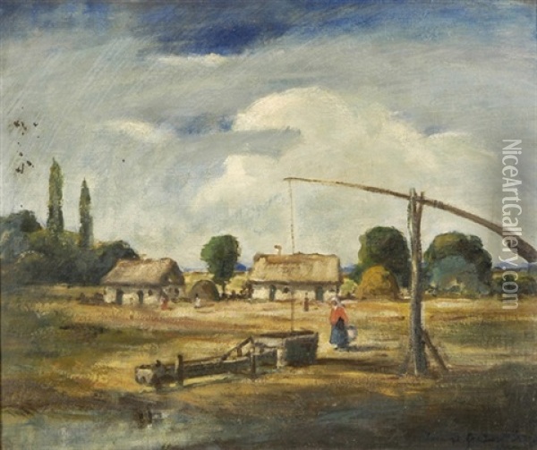 Landschaft Mit Bauernhausern, Ziehbrunnen Und Figurenstaffage Oil Painting - Bela Ivanyi Gruenwald