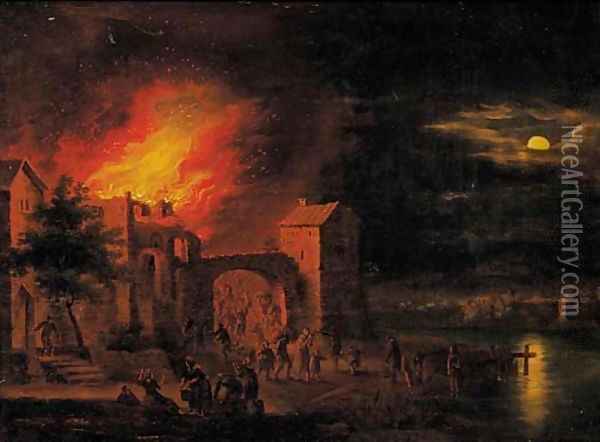 A town on fire at night Oil Painting - Egbert Lievensz. Van Der Poel