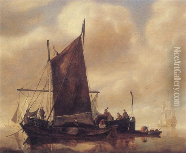 Ships In A Calm Sea Oil Painting - Jan Van De Cappelle