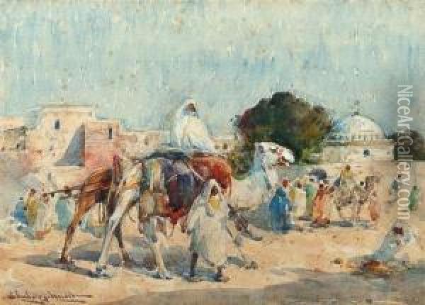 Arabs And A Camel On The Edge Of A Town Oil Painting - Edward Aubrey Hunt