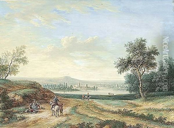 A Panoramic Landscape, With A Town On A River In The Middle Distance And Peasants In The Foreground Oil Painting - Louis Nicolael van Blarenberghe