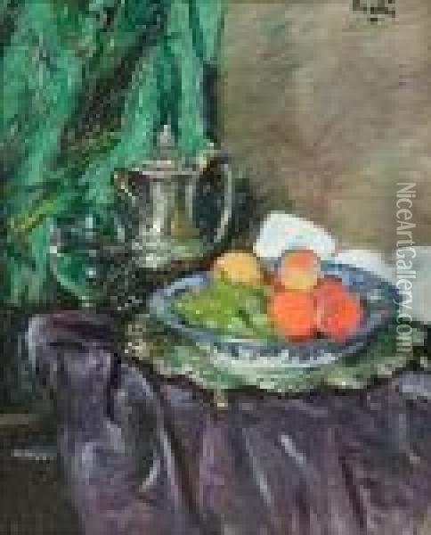 Still Life Of Coffee Pot, Wine Glass, Salver And Fruit Oil Painting - George Leslie Hunter