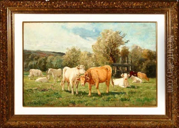 Cows At Rest In Landscape Oil Painting - James Desvarreux-Larpenteur