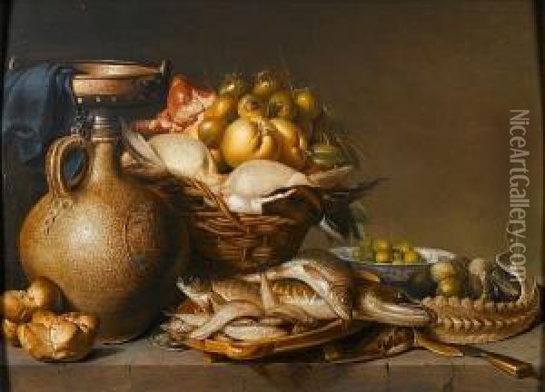 An Earthenware Bellarmine With A Basket Of Dead Ducks Onions And Offal With Wan-li Kraak Bowl Of Olives And An Earthenware Dish Of Freshwater Fish, Including Pike, Carp, Bream And Roach Next To A Sturgeon On A Table Top Oil Painting - Harmen van Steenwyck