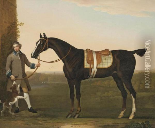 A Hunter Held By A Groom With A Dog, In A Wooded Landscape Oil Painting - James Seymour