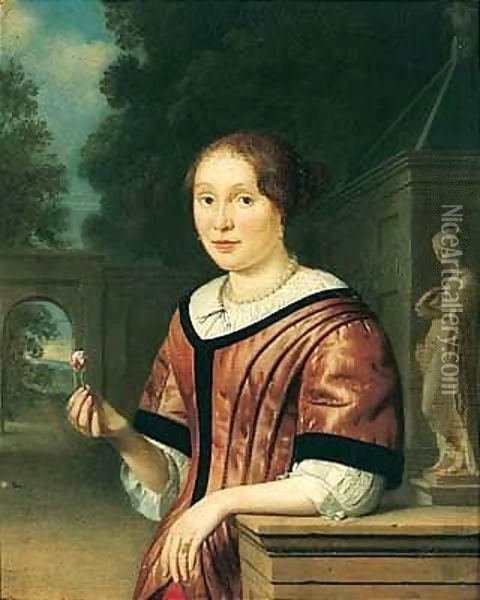 Portrait Of A Lady, Half-length, Wearing Pink, Holding A Rose, In An Ornamental Garden Oil Painting - Pieter Cornelisz. van SLINGELANDT