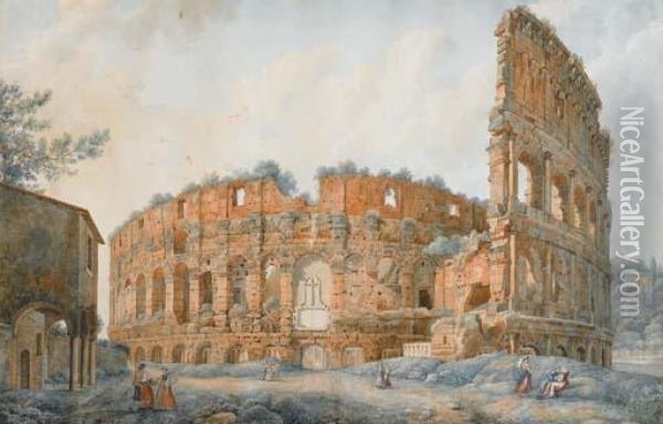 Personnages Devant Le Colisee En Ruines Oil Painting - Antonio Del Drago