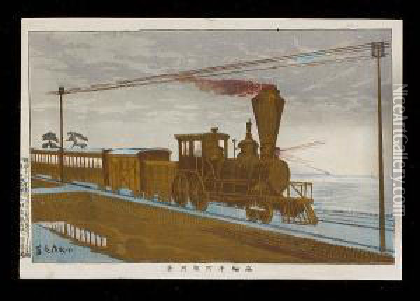Three Prints: ````````shinagawa 
Kaijyo Chobo No Zu' (a View Of Shinagawa Bay), Dated Meiji 12 (c.1879); 
````````mitsumata Eidaiba Shi Enkei' (a Distant View Of Eidai Bridge In 
Mitsumata', Dated Meiji 13 (1880); The Third, ````````takanawa Ushimachi
 Oil Painting - Kobayashi Kiyochika