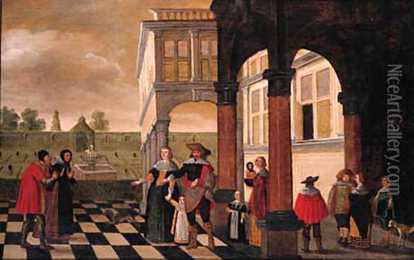 One of the Seven Acts of Mercy a family welcoming an elderly couple in the portico of a palatial mansion Oil Painting - Dirck van Deelen