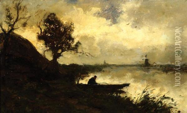 A Fisher During Sunset Oil Painting - Jan Hendrik Weissenbruch