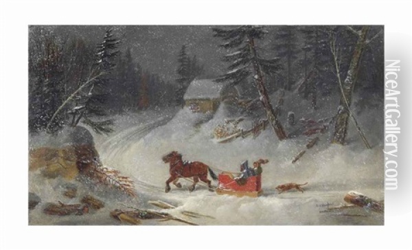Habitants In A Berline On A Road In Winter Oil Painting - George Hart Hughes