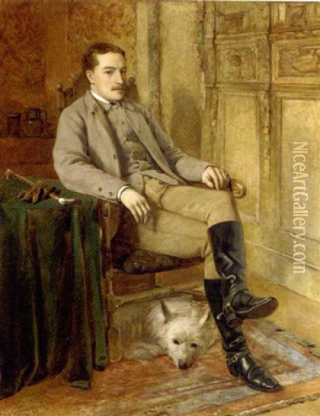 Portrait Of R.w.r. Mackenzie Of Stormontfield, Small Full-length, Seated, In Riding Dress With A West Highland Terrier Oil Painting - William Proudfoot