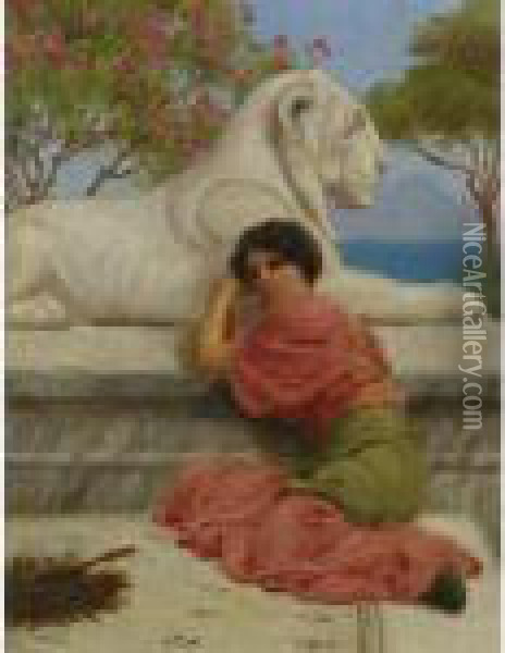 Seated Woman With Stone Lion Oil Painting - John William Godward