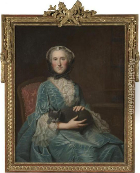 Portrait Of A Seated Lady, Three
 Quarter Length, Wearing A Turquoise Dress With Lace Cuffs And Collar 
And A Bonnet, Holding A Black Cat Oil Painting - Louis Tocque