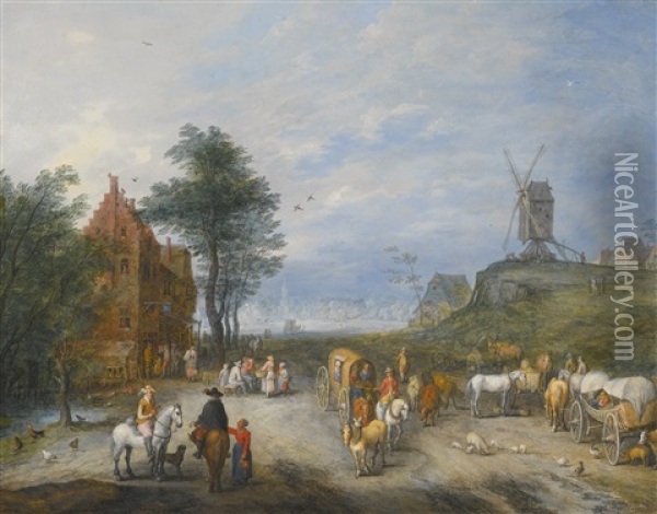 Entrance To A Village, A Windmill In The Distance Oil Painting - Joseph van Bredael