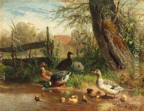 Enten An Einem Teich. Im Hintergrund Bauernhaus Hinter Baumen Oil Painting - Carl Jutz the Elder