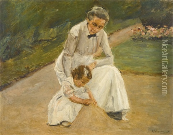 Enkelin Und Kinderfrau Beim Spiel Im Garten (the Artist's Granddaughter And Her Nurse Playing In The Garden) Oil Painting - Max Liebermann