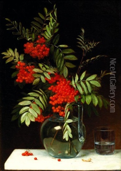 Branche De Groseillier Dans Un Vase Sur Un Entablement Oil Painting - Emma Mulvad