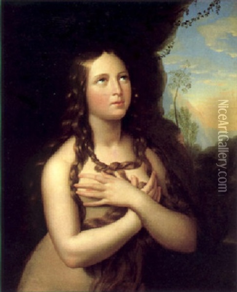Bildnis Der Maria Magdalena In Einer Bewaldeten Gebirgslandschaft Oil Painting - Carl Peter Goebel