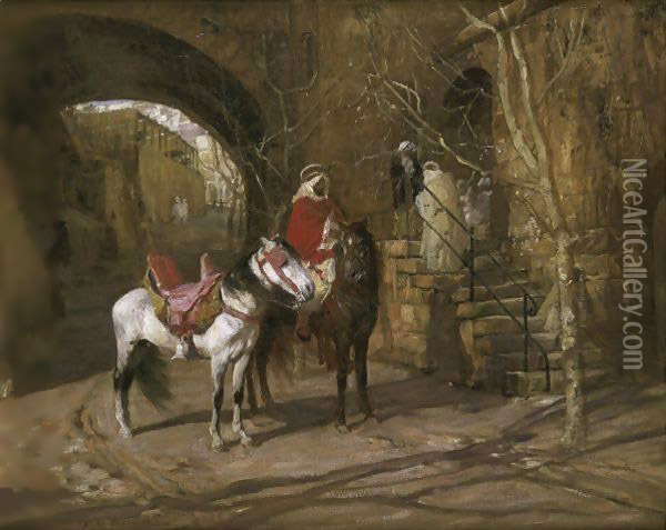 Horseman In A Courtyard Oil Painting - Frederick Arthur Bridgman