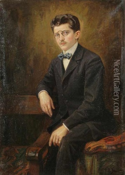 A Portrait Of A Young Man Wearing Glasses Oil Painting - Franz Bohumil Doubek