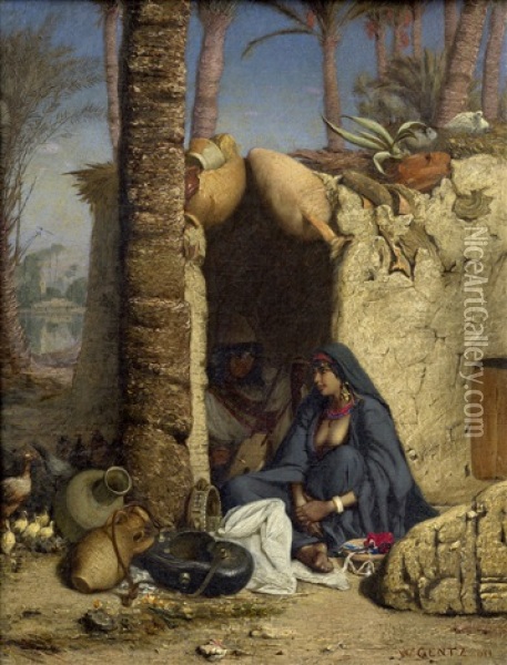 In Der Oase: Ein Beduinenpaar Am Eingang Ihres Lehmbaus Oil Painting - Wilhelm (Karl) Gentz