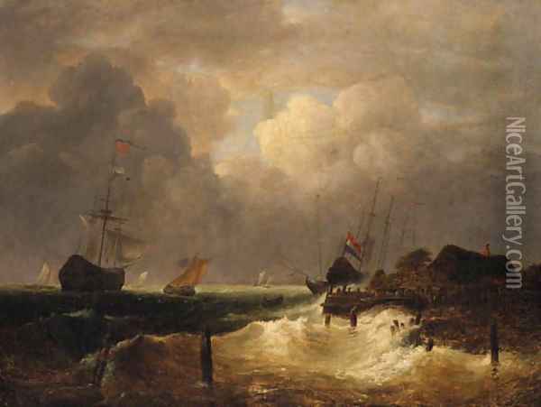 A coastal Landscape with Dutch Frigates in a Swell offshore Oil Painting - Simon De Vlieger