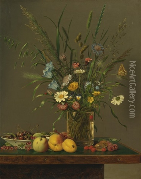 Flowers In A Glass Vase And An Arrangement Of Fruit Oil Painting - Anton Hartinger