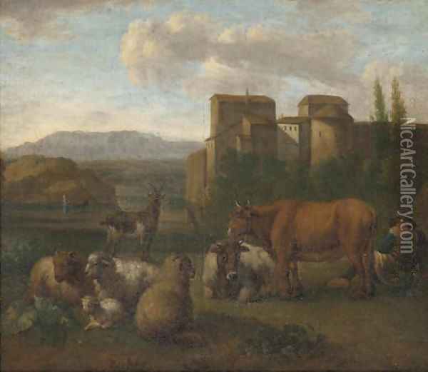 A landscape with a shepherd and his flock near a town Oil Painting - Adriaen Van De Velde
