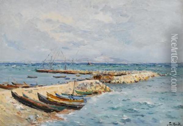 Boats Beached On Jetty Rocks Oil Painting - Francois Nardi