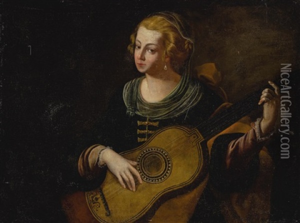 Portrait Of A Lady, Half Length, Playing A Mandolin Oil Painting - Artemisia Gentileschi