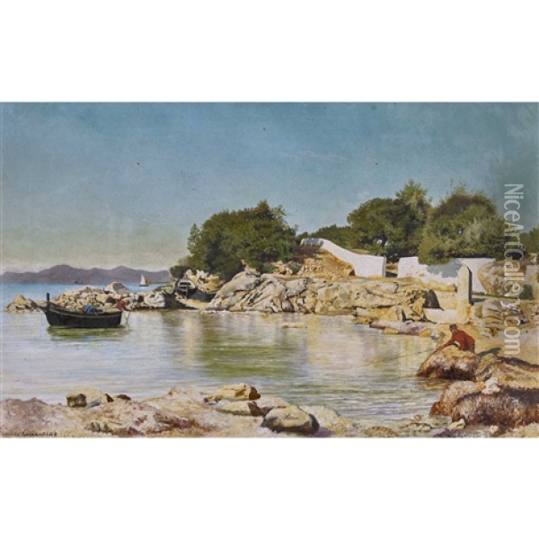 Sonnige Mittelmeerkuste Mit Fischern Oil Painting - Maurice Francois Auguste Courant