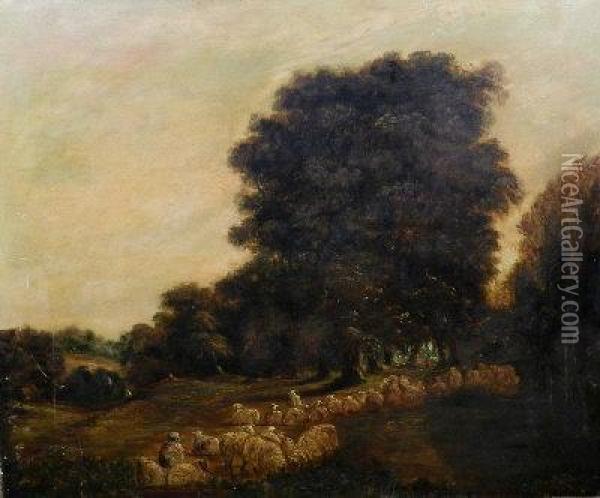 A Shepherd And Flock In A Woodland Clearing Oil Painting - Alexandre Calame