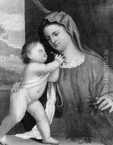 Madonna And Child With Landscape Beyond Oil Painting - Giovanni Bellini