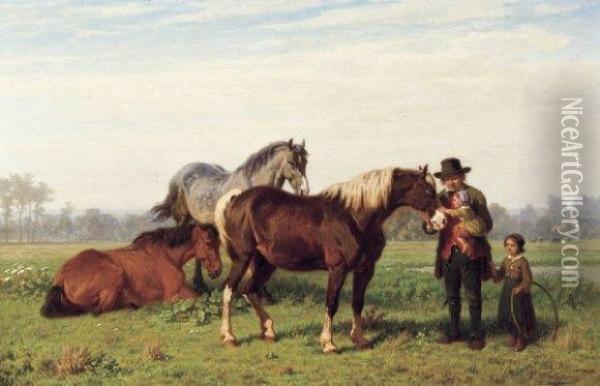 Les Chevaux Oil Painting - Charles Philogene Tschaggeny
